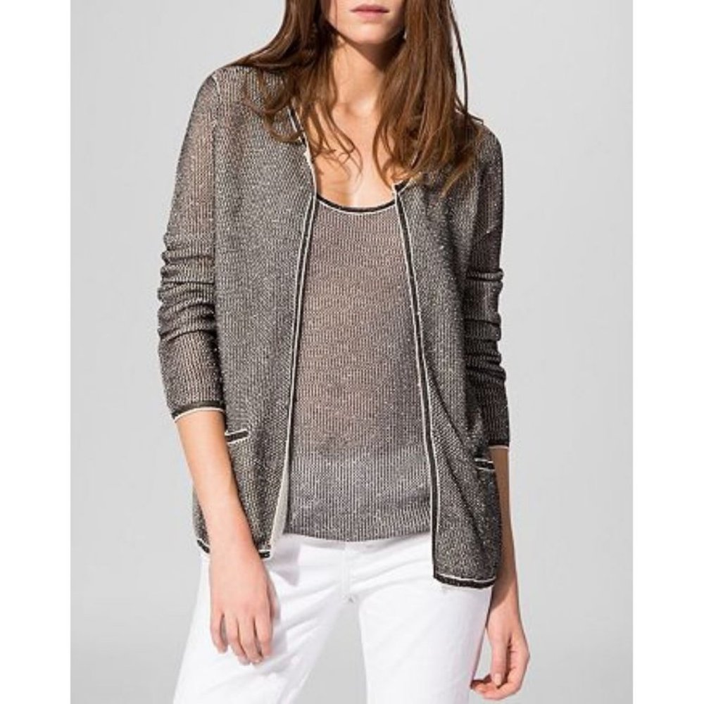 Maje Madame Fine Knit Cardigan Metallic Silver Size 1/ Small